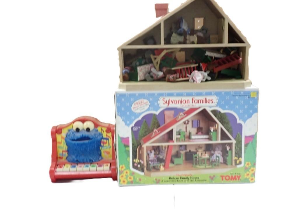 Toy lot including Cookie Monster Piano, Sylvanian Families Collectibles Deluxe Family House Tomy: Toy lot including Cookie Monster Piano, Sylvanian Families Collectibles Deluxe Family House Tomy All pictures are considered part of the description and should be examined carefully by bidders. Live