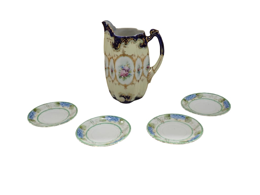 Vintage Pitcher with Gold Gilt and Floral Design plus 4 Small Plates with a Blue Floral Pattern (1 of 11)