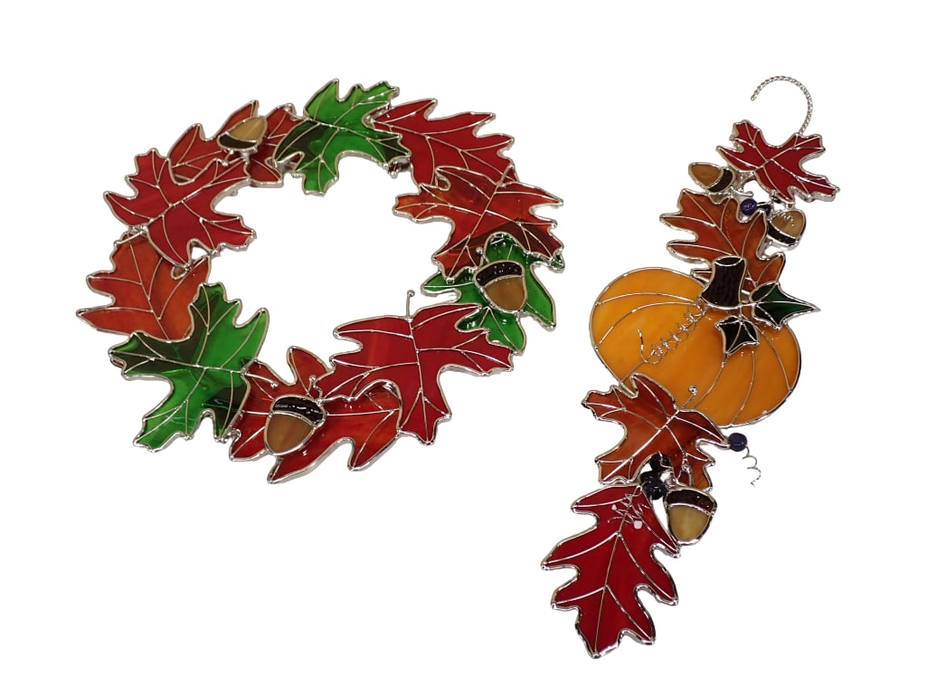 Autumn Stained Glass Window Hangings incl Leaf Acorn Wreath and a Leaf and Pumpkin Hanging (1 of 5)