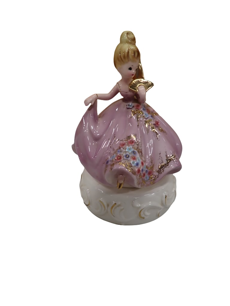 Vintage Josef Originals Musical Porcelain Figurine Works: Vintage Josef Originals Musical Porcelain Figurine Works. Gently turn the lady with the fan Condition: on the back, the bold piece that comes down her back has the tip broken off and missi