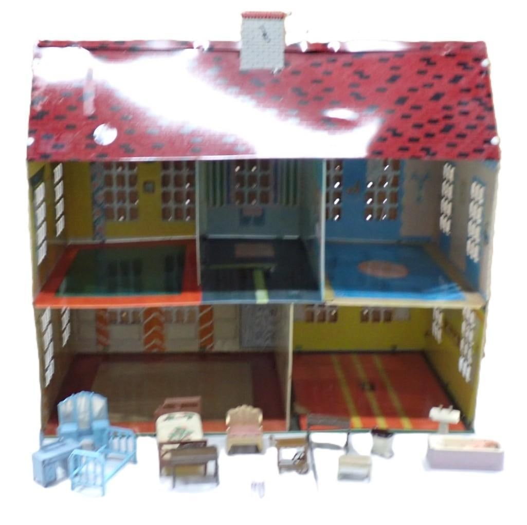 Vintage 1950's Tin Doll House with Furniture: Vintage 1950's Tin Doll House with Furniture All pictures are considered part of the description and should be examined carefully by bidders. Live Auctioneers is now offering Live Shipping through