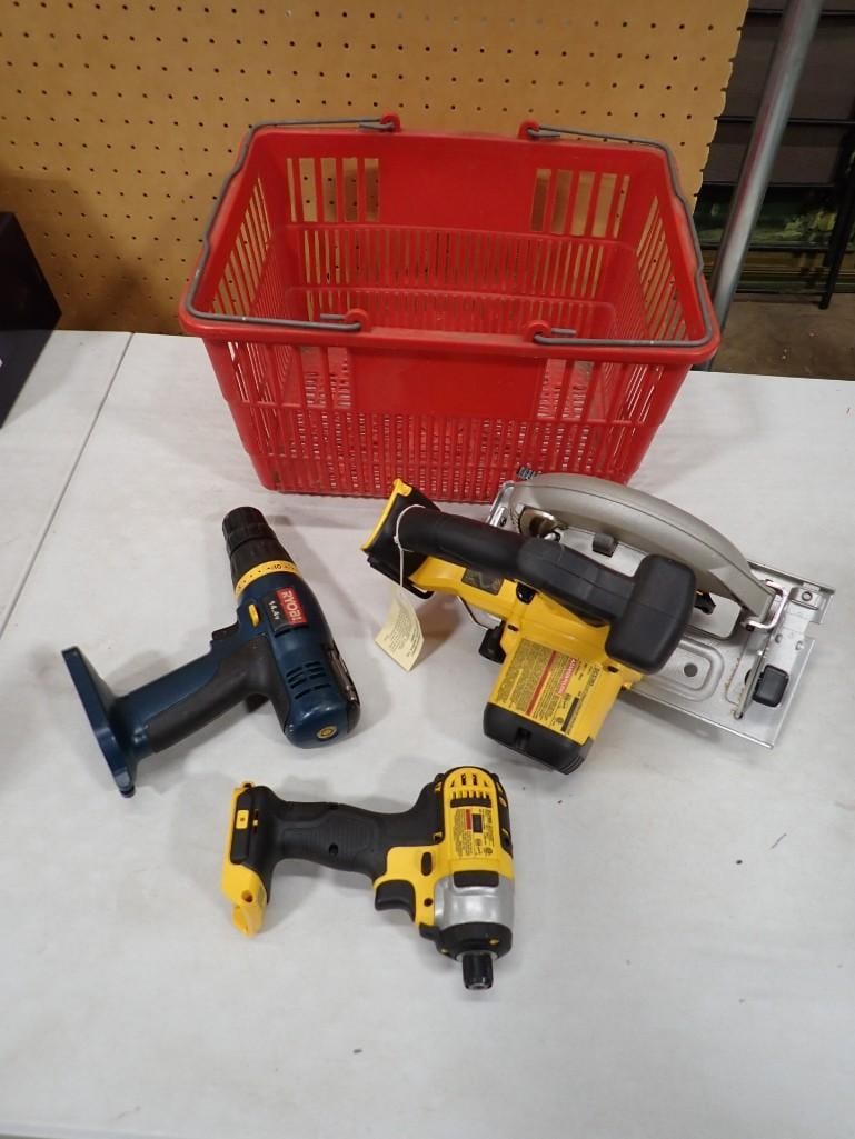 Lot of Dewalt Power tools including Circular saw, Drill, plus Ryobi Drill. all tested and work: Lot of Dewalt Power tools including Circular saw, Drill, plus Ryobi Drill. all tested and work but have no batteries. The DeWalt are like new, but with out the box All pictures are considered part of