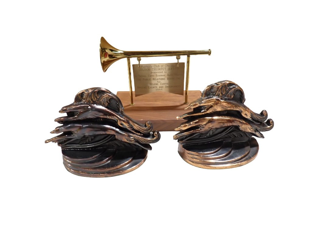 Pr of Art Deco Borzoi Dog Bookends Cast Metal and a Publicity Club of Chicago Golden Trumpet Award (1 of 5)
