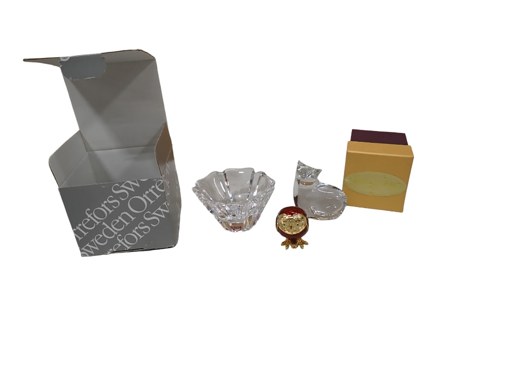 Orrefors Sweden Small Crystal Bowl or Candle Holder, Cat Paperweight, Small Enamel Bird (1 of 6)