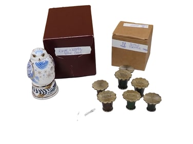 Royal Wooster Porcelain Blue Owl and 7 Olivia Riegel Bottle Stoppers
