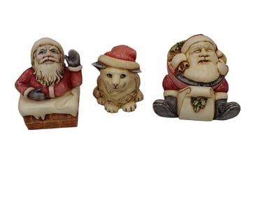 3 Trinket Boxes incl Gigglees Krinkles Santa, Harmony Kingdom Pot Bellys Noel Cat, etc