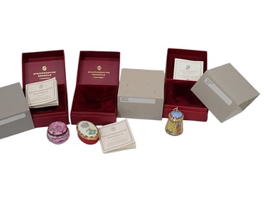 3 Staffordshire Enamels Trinket Boxes incl Tent, Auricula, Rosebud.  All in original boxes