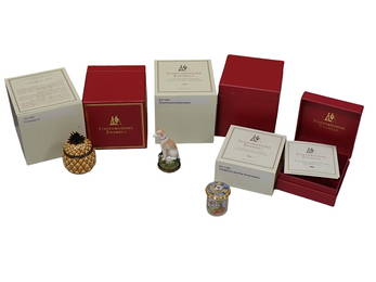 3 Staffordshire Enamels Trinket Boxes incl Pineapple, Greyhound Bonbonniere, Goldilocks and the Thre