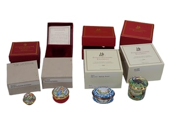 4 Staffordshire Enamels Trinket Boxes incl One-off Medium Round, Gardening Rabbits, Miniature Basket