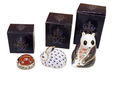 3 Royal Crown Derby Porcelain Paperweights incl Royal Crown Derby 7 Spot Ladybird Paperweight, Royal