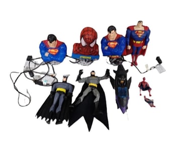 Super Hero Lot including Super Man, Spider Man Lights, Action Figures, Bat Man, etc.