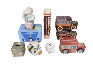 Lot of Piggy Banks, Tootsie Roll and Hershey Chocolate Banks, Original Funny Money Bank, etc.