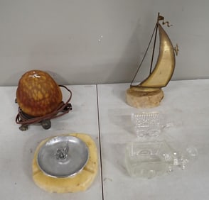 John DeMott Sailboat, Vintage Ash Trays, Brass and Glass Turtle Light, Glass Horse and Wagon