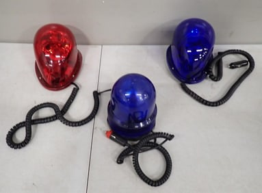 Lot of 3 Blue and Red Emergency Car Lights with 12 Volt Plugs