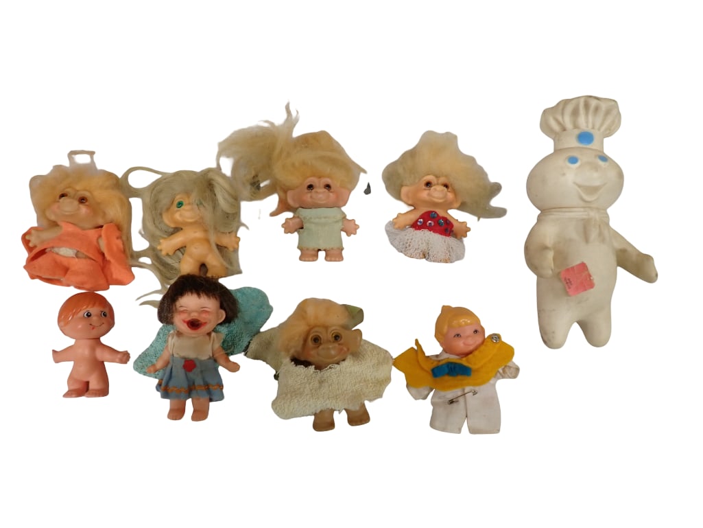 Lot of Small Toys incl Dam trolls w mohair hair, Miniature Dolls, Pillsbury Doughboy, etc: Lot of Small Toys incl Dam trolls w mohair hair, Miniature Dolls, Pillsbury Doughboy, etc All pictures are considered part of the description and should be examined carefully by bidders. Live Auctione