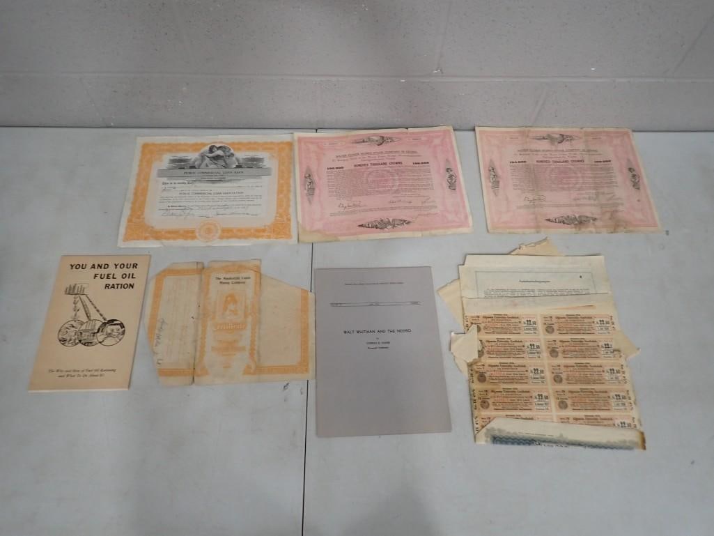 Lot of Vintage Ephemera including Stock Certificates, Fuel Rationing, etc: Lot of Vintage Ephemera including Stock Certificates, Fuel Rationing, etc. All pictures are considered part of the description and should be examined carefully by bidders. Live Auctioneers is now offe