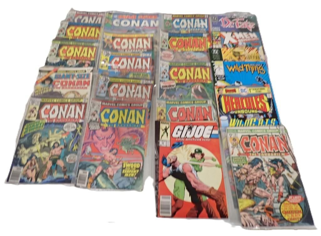 Comic Book Lot including Conan, GI Joe, Wild Thing, Hercules, X-Men, Dr. Fate, etc: Comic Book Lot including Conan, GI Joe, Wild Thing, Hercules, X-Men, Dr. Fate, etc. All pictures are considered part of the description and should be examined carefully by bidders. Live Auctioneers is