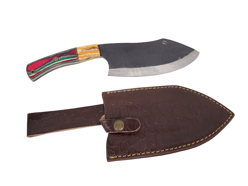 Cleaver with Leather Sheath and Multi Colored Wood Handle: Cleaver with Leather Sheath and Multi Colored Wood Handle. From Tip of Blade to end of Handle is roughly 12" All pictures are considered part of the description and should be examined carefu