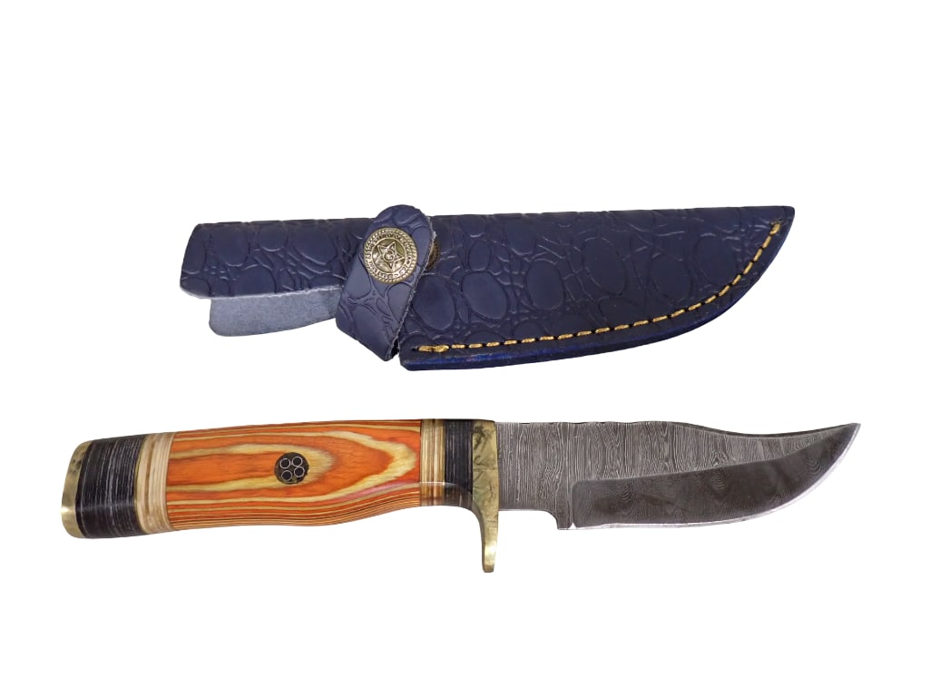 Knife with Leather Sheath and Wood Handle: Knife with Leather Sheath and Wood Handle From Tip of Blade to end of Handle is roughly 8" All pictures are considered part of the description and should be examined carefully by bidders. Live Auc