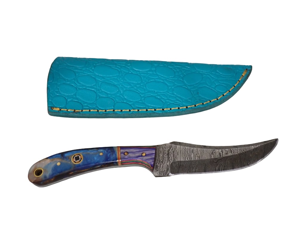 Knife with Leather Sheath and Wood Handle: Knife with Leather Sheath and Wood Handle From Tip of Blade to end of Handle is roughly 7" All pictures are considered part of the description and should be examined carefully by bidders. Live Auc