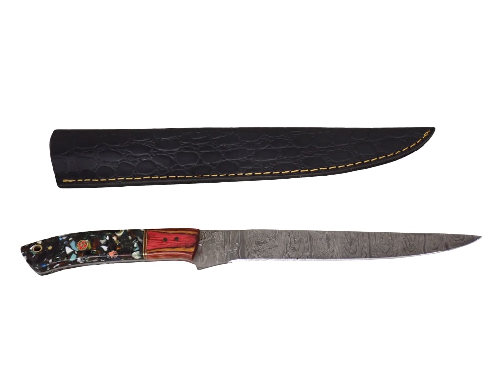Knife with Leather Sheath: Knife with Leather Sheath From Tip of Blade to end of Handle is roughly 13" All pictures are considered part of the description and should be examined carefully by bidders. Live Auctioneers is now