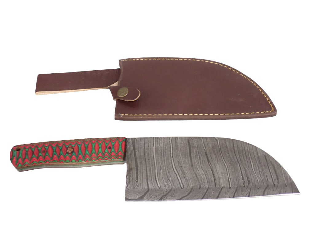 Meat Cleaver with Leather Sheath and Red and Green Wood Handle: Meat Cleaver with Leather Sheath and Red and Green Wood Handle From Tip of Blade to end of Handle is roughly 12" All pictures are considered part of the description and should be examined carefull