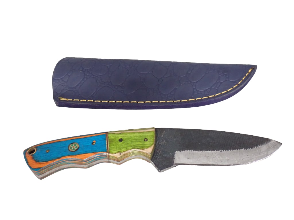 Knife with Sheath and Wood Handle: Knife with Sheath and Multi Colored Wood Handle From Tip of Blade to end of Handle is roughly 8" All pictures are considered part of the description and should be examined carefully by bidders. Li