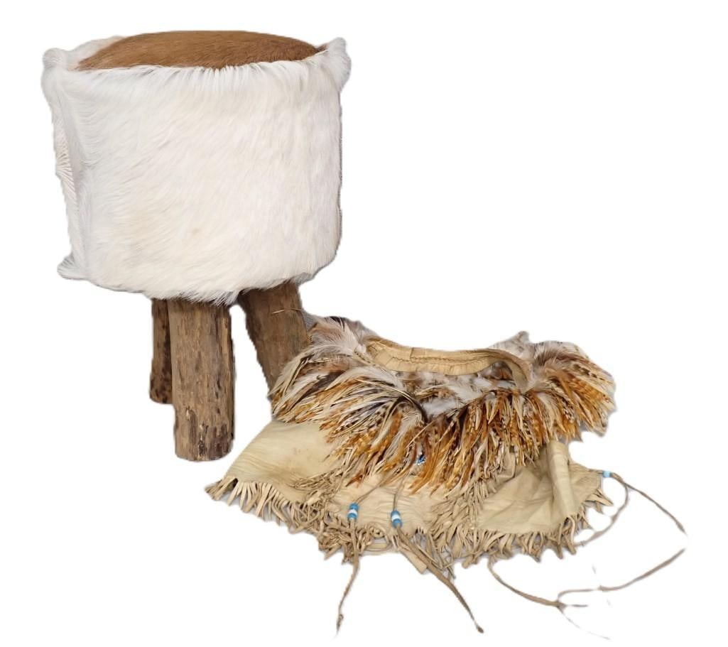 Native American Decor and a Wooden 3 Legged Stool with Hide Cover (1 of 9)