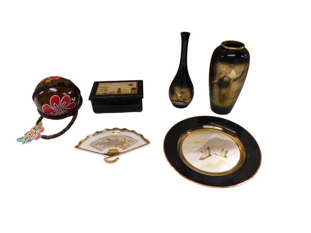 Vintage Japanese Lacquer Music Box, Limited Edition Chokin Art by Yoshinobu Hara Plate, 2 Metal Vase (1 of 20)