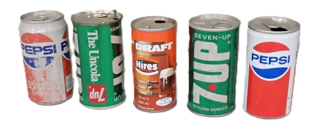 Vintage Soda Cans including Steel, Pepsi, Seven Up, Seven Up Music Box, Hires Root Beer: Vintage Soda Cans including Steel, Pepsi, Seven Up, Seven Up Music Box, Hires Root Beer 