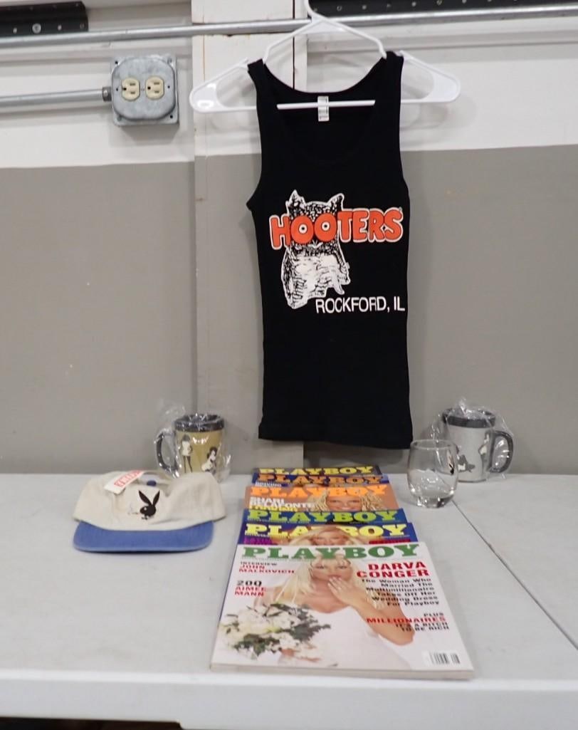 Spicy Lot including Hooters Tank Top, Playboy Magazines, Hat, Mugs, and Glass (1 of 8)