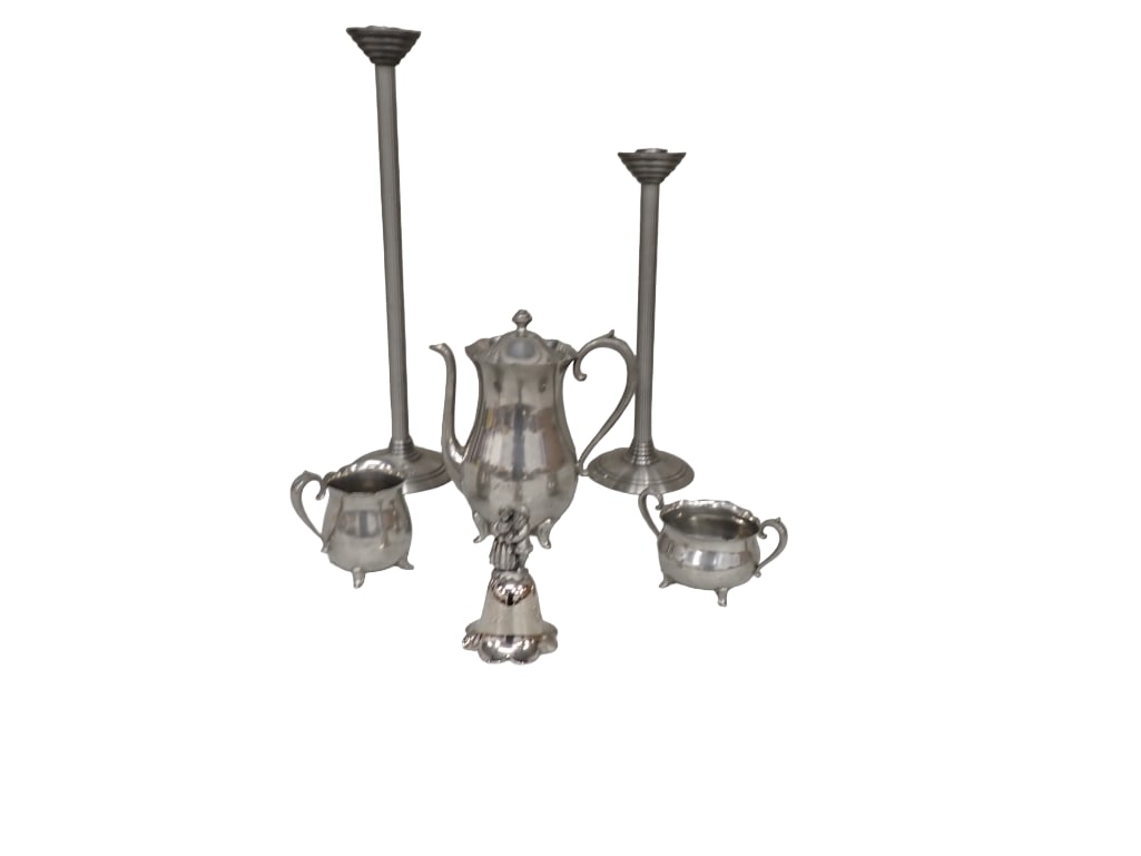 Metal Lot incl Candlesticks, Pewter Creamer and Sugar Bowl, Coffee Pot, etc (1 of 10)