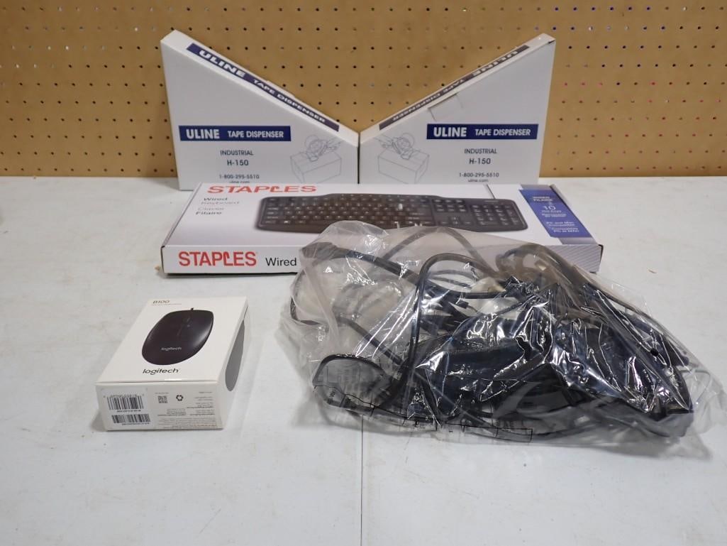 Office Lot incl 2 Uline Tape Dispensers New in Box, Staples Wired Keyboard, Logitech Wired Mouse, Mi (1 of 6)