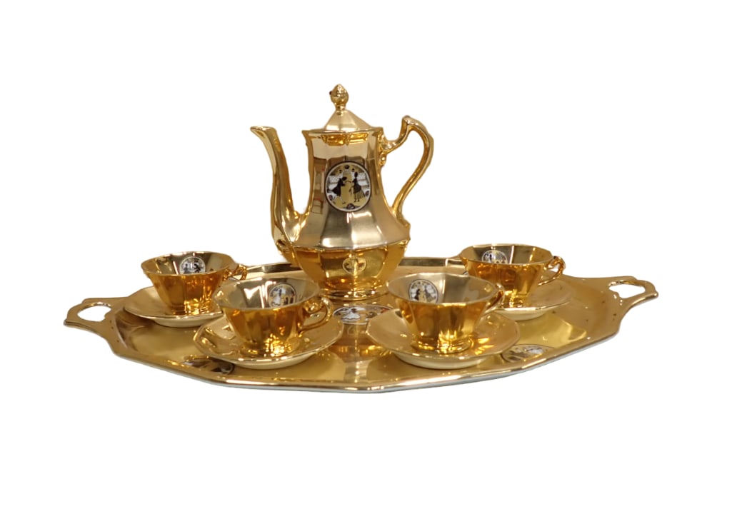 Vintage Schlaggenwald Gold Gilt Porcelain Coffee Set with Coffee Pot, 4 Cups and 3 Saucers, Serving (1 of 8)