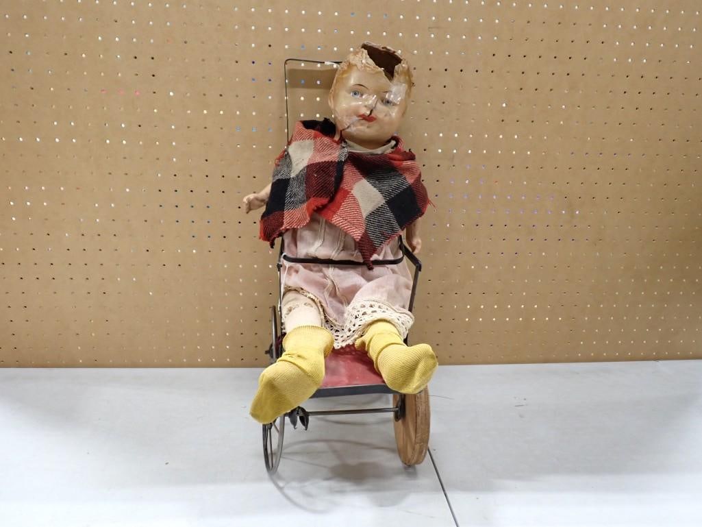Creepy, Scary Halloween Doll and Carriage: Creepy, Scary Halloween Doll and Carriage Condition: extensive damage - makes her creepier. Carriage has had a wheel replaced with a completely different wood one. All pictures are c