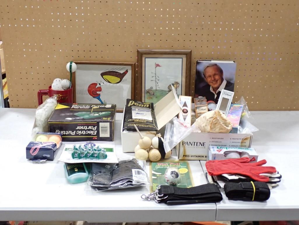 Golfing Lot incl Novelty Prints, Electric Putting Partner, Golf Balls, Golf Gloves, Etc (1 of 11)