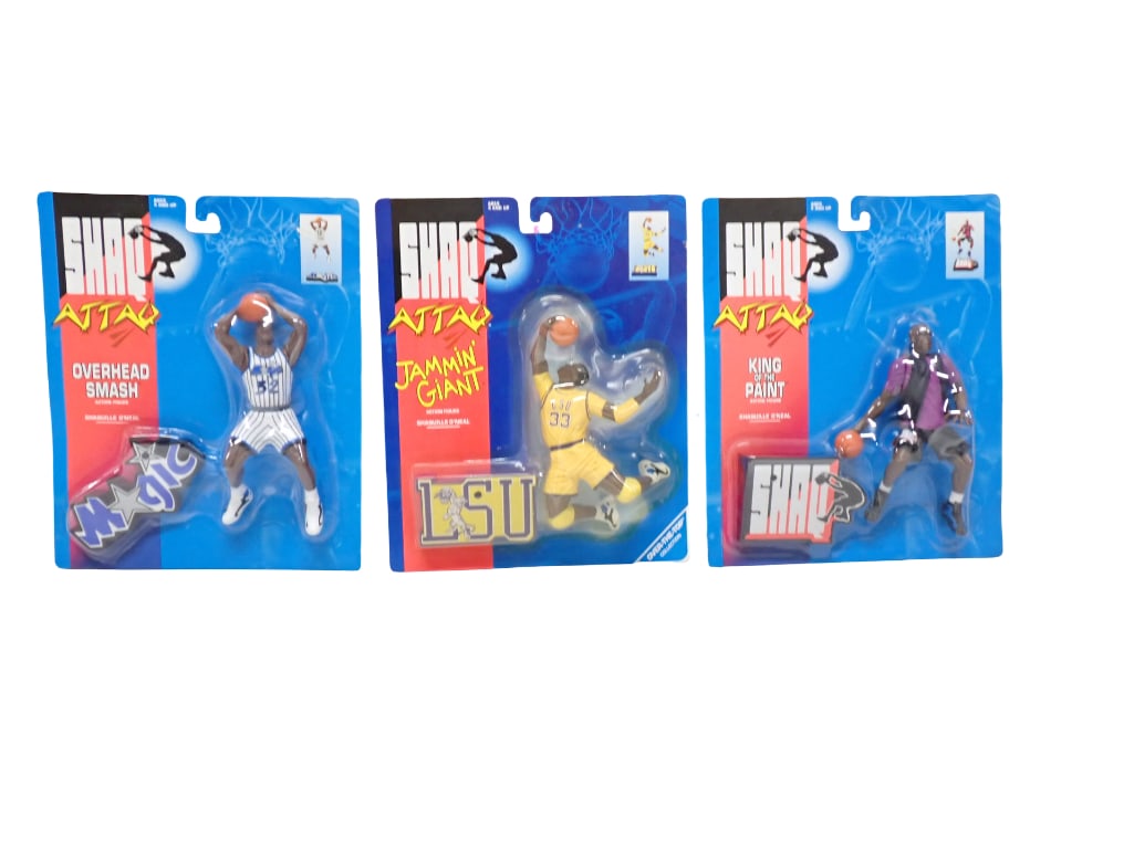 3 Shaq Attaq Figures incl Overhead Smash Magic, Jammin Giant LSU, King of the Paint Shaq All New in (1 of 6)