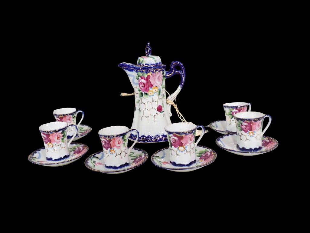 Antique Hand Painted Chocolate Set or Coffee Set incl Chocolate Pot, 6 Cups and 6 Saucers Rose Patte: Antique Hand Painted Chocolate Set or Coffee Set incl Chocolate Pot, 6 Cups and 6 Saucers Rose Pattern. Condition: 1 cup is cracked and the inside rim of the chocolate pot has a chip All p
