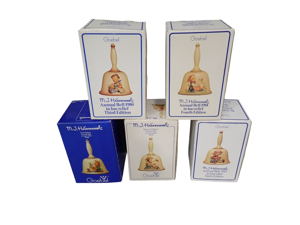 5 Goebel Hummel Annual Bells in Bas Relief in Original Boxes: Lot of 5 Goebel Hummel Annual Bells in Bas Relief in Original Boxes All pictures are considered part of the description and should be examined carefully by bidders. Live Auctioneers is now offe