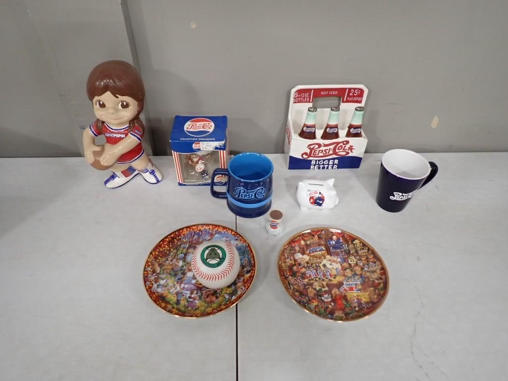 Pepsi Cola Collectibles incl Drink Pepsi Basketball Girl Figure, Pepsi Ornament, Mugs,: Pepsi Cola Collectibles incl Drink Pepsi Basketball Girl Figure, Pepsi Ornament, Mugs, etc plus 2 Kane County Cougars Plates All pictures are considered part of the description and should be examined 