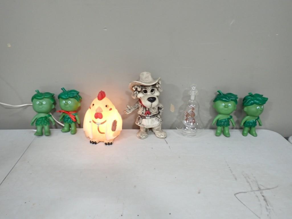 Misc. Lot including Green Giant Figures, Light up Chicken, Glass Ship in a bottle, Cowgirl Dog Bank (1 of 7)