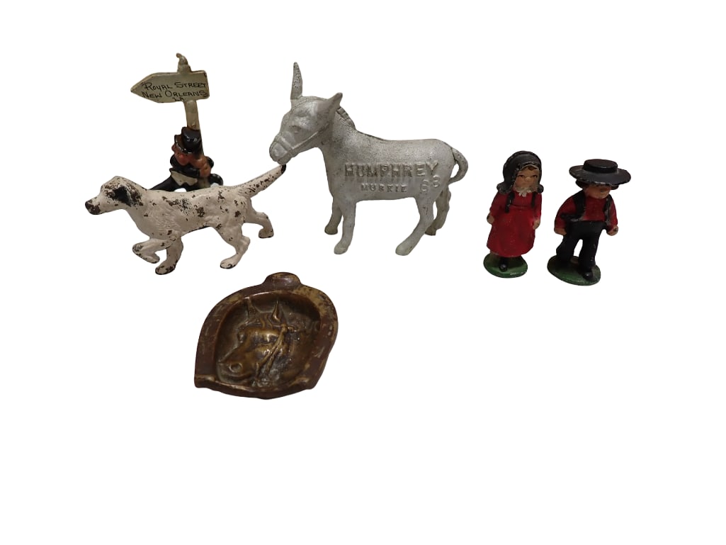 Cast Iron Toys, Etc incl Humphrey Muskie Donkey, Amish People Figures, Dog, etc: Lot of Cast Iron Toys, Etc incl Humphrey Muskie Cast Iron Donkey, Amish People Figures, Dog, etc All pictures are considered part of the description and should be examined carefully by bidders. Live