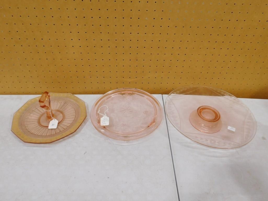 3 Pink Depression Glass Serving Pieces incl Jeanette Sunflower Cake Plate, (1 of 11)