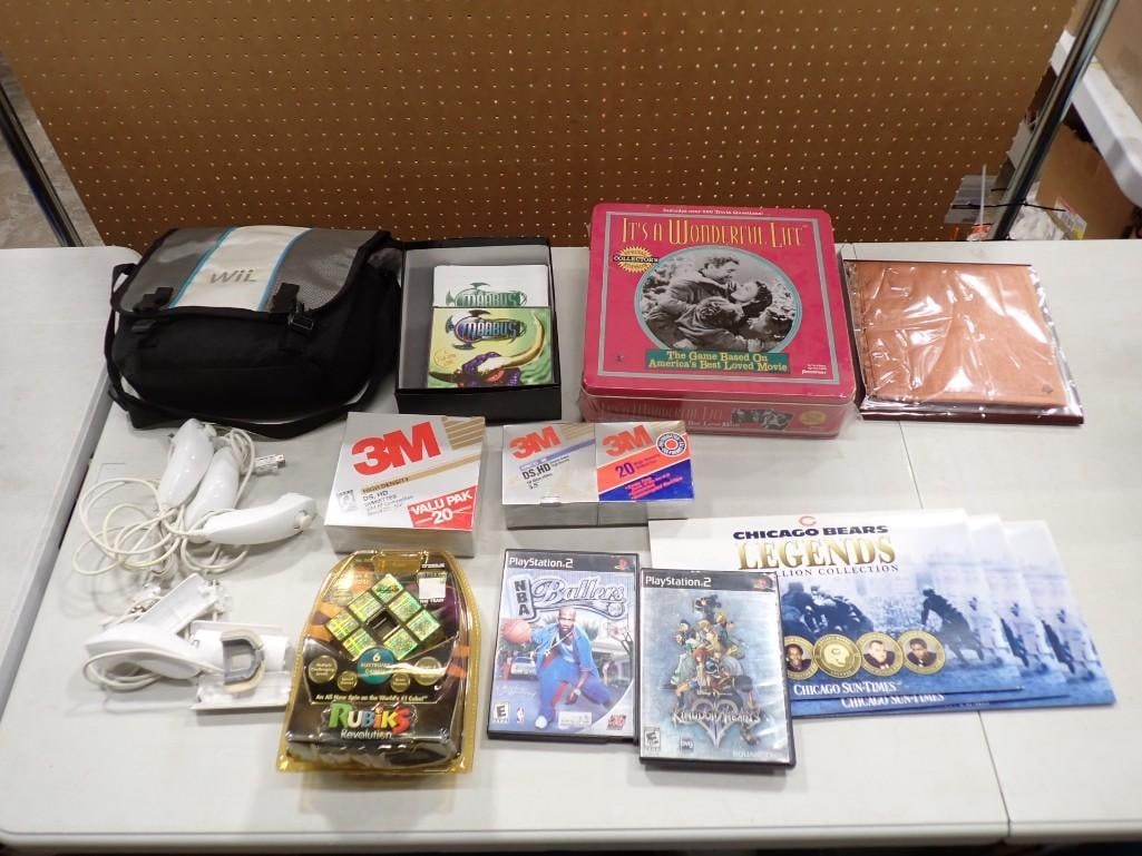 Misc. lot including Wii Bag and Accessories (no system), Rubik's Revolution, PS2 Games, Floppy Discs (1 of 6)
