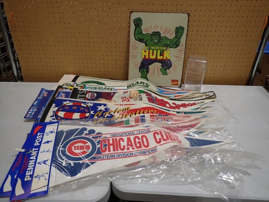 Incredible Hulk Metal Sign and lot of assorted Pennants including Chicago Cubs, Harlem Globetrotters (1 of 7)