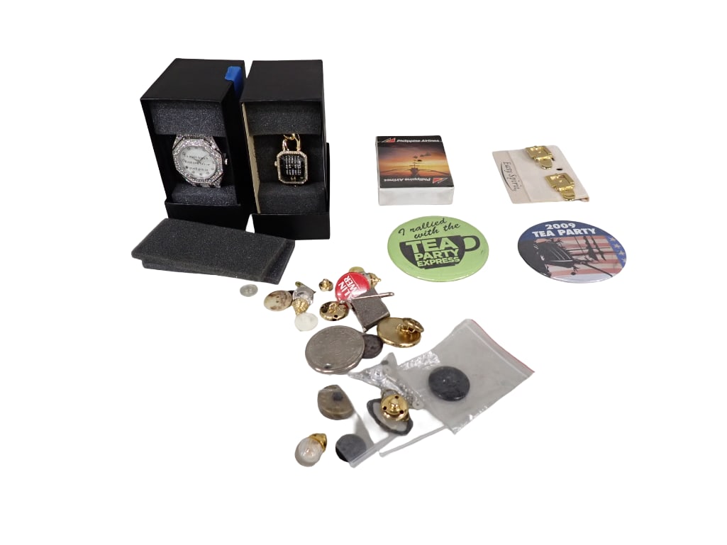Lot of Smalls incl Watches, Buttons, Etc: Lot of Smalls incl Watches, Buttons, Etc All pictures are considered part of the description and should be examined carefully by bidders. Live Auctioneers is now offering Live Shipping through them. T