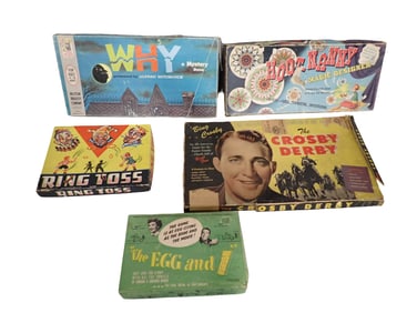 Vintage Board Games incl The Crosby Derby, The Egg and I, Hoot Nanny, Why, Ring Toss