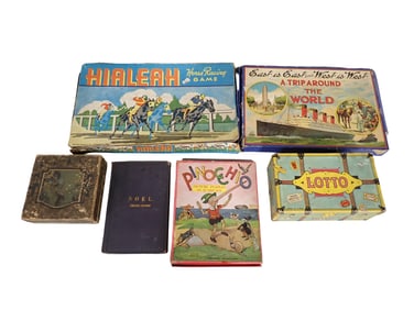 Vintage Board Games and Puzzles incl Pinocchio, Hialeah Horse Racing Game, East is East and West is