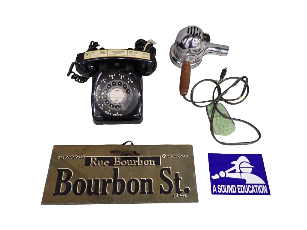 Collectibles incl Vintage Hair Dryer, Rue Bourbon Bourbon St Metal Sign, Vintage Rotary Dial Phone: Collectibles incl Vintage Hair Dryer, Rue Bourbon Bourbon St Metal Sign, Vintage Rotary Dial Phone or Telephone, A Sound Education advertising Condition: hair dryer and phone are untested 
