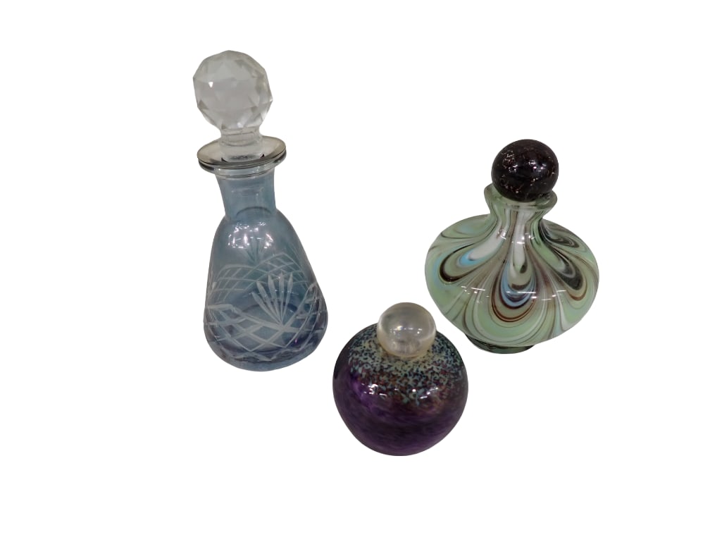 3 Art Glass Perfume Bottles with Stoppers incl 1 Cut to Clear, Unsigned (1 of 5)